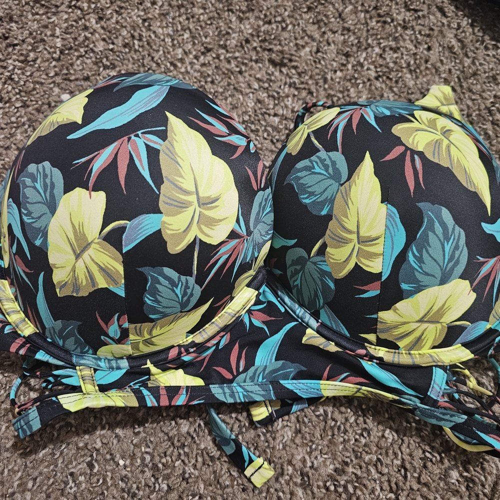 Floral Bikini Top with Yellow and Teal Leaves